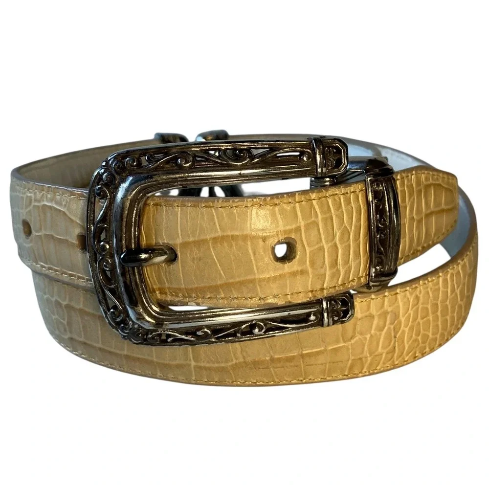 Brighton Reversible Croc‎ Embossed Leather Belt Tan White Silver Buckle M 30